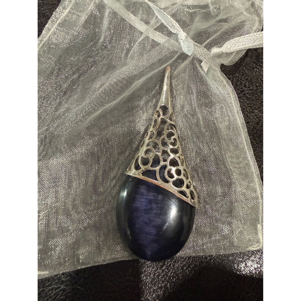 Teardrop Blue Stone Pendant Silver Tone Filigree‎ Statement Necklace